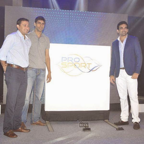 Indian cricketers Ajit Agarkar, Ashish Nehra and Zaheer Khan pose on stage for the photographers during the launch of Pro Sport centre, a fitness training and physiotherapy service centre, held in Mumbai, on July 29, 2014.(Pic: Viral Bhayani)