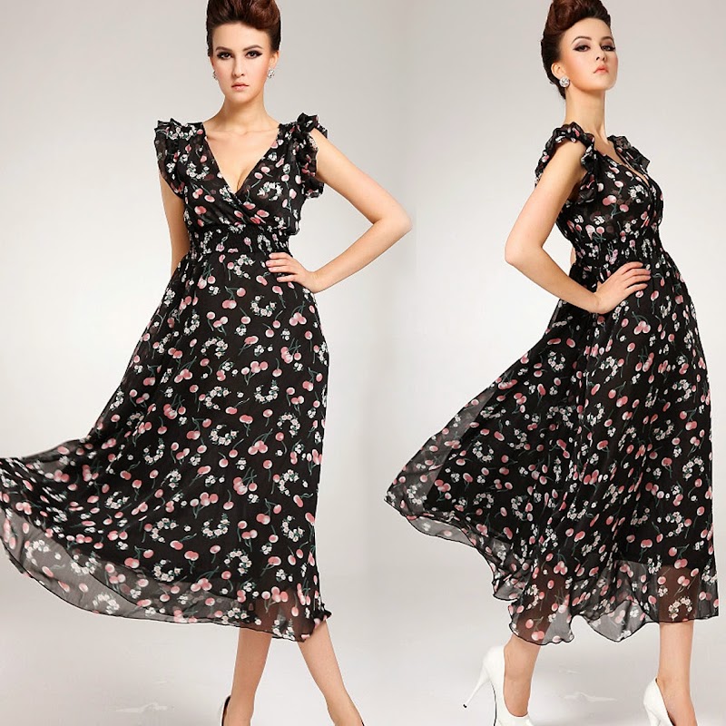Vogue Cherry Print Womens Wrapped V-neck Flouncing Tunic Maxi Dress ...