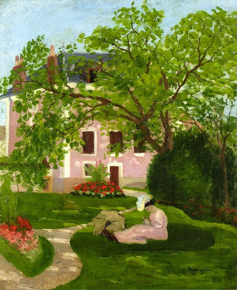 Henri-Charles Manguin - Jeanne with Umbrella, Seated in a Garden of Coulombs