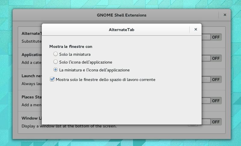 Gnome Shell Extensions Preferences Tool - Preferenze
