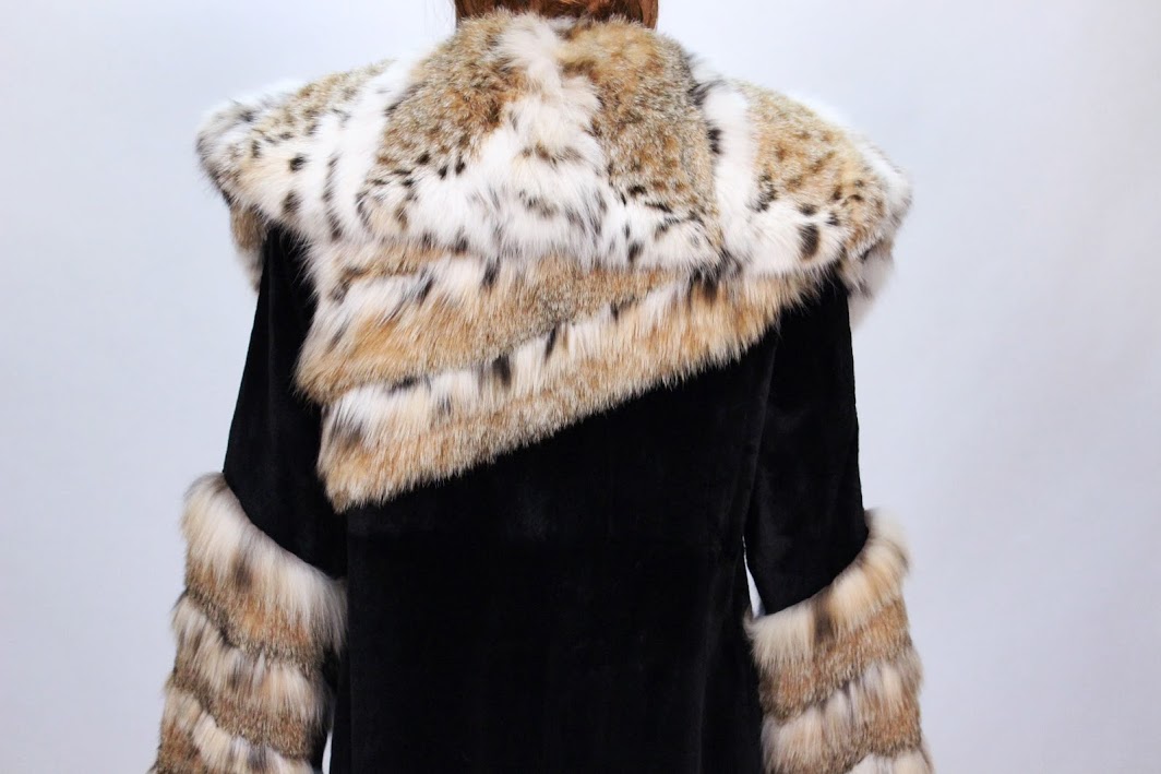 310549 New Women's Black Sheared Beaver Natural Lynx Fur Stroller Coat 10