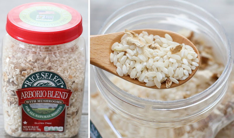 photo collage of a package of arborio blend rice and a close-up of a spoonful of rice