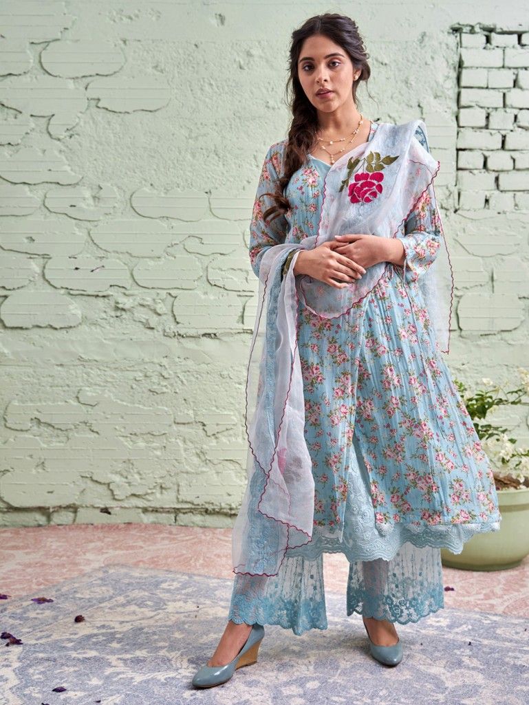 Powder Blue Printed Chanderi Kurta with Embroidered Slip Cotton Pants