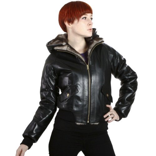 United Face Womens Hooded Reversible Fur Leather Bomber Jacket, Black, X-Large