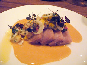 Roe Restaurant olive oil poached pacific striped marlin, lobster-mango and lemon grass salad, hearts of palm, curry lobster nage
