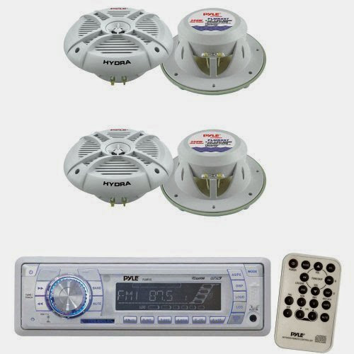  Pyle Marine Radio Receiver and Speaker Package - PLMR18 AM/FM-MPX PLL Tuning Radio w/SD/MMC Memory Card Slot  &  USB - 2x PLMRX67 2 Pairs of 250 Watt 6.5'' 2 Way Marine Water Resistant Speakers