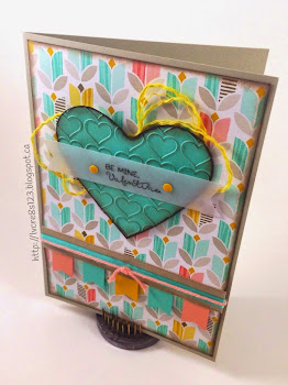 Linda Vich Creates: Fusion Card Challenge. A non-traditional Valentine using Coastal Cabana, Crisp Cantaloupe, Crushed Curry and Sahara Sand complete with a heart embossed heart and coordinating ribbons all from Stampin' Up! Sale-a-Bration products include Best Year Ever paper and accessory pack.