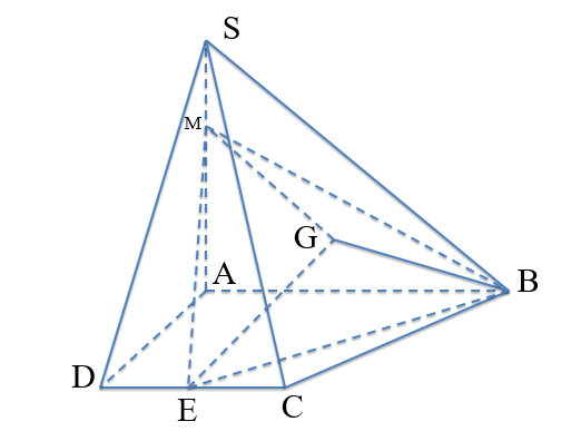 12. Cho hình chóp (S.ABCD) có đáy (ABCD) là hình thang vuông tại (A) và (D). Biết (AB = 4a), (AD = CD = 2a). Cạnh bên (SA = 3a) và (SA) vuông góc với mặt phẳng đáy. Gọi (G) là trọng tâm tam giác (SBC), (M) là điểm sao cho (overrightarrow {MA}  =  - 2overrightarrow {MS} ) và (E) là trung điểm cạnh (CD) ( tham khảo hình vẽ). Tính thể tích (V) của khối đa diện (MGABE). </p> 1