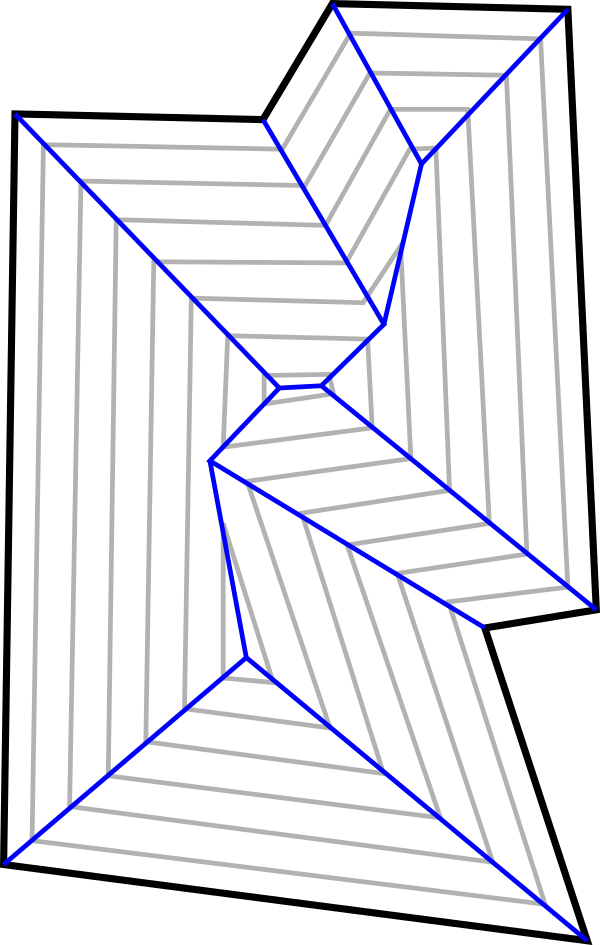 The same diagram as before, but with blue lines drawn through the corners of the successively smaller polygons forming the skeleton of the shape