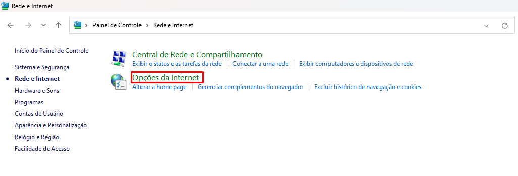 Menu de opções da internet no painel de controle do Windows