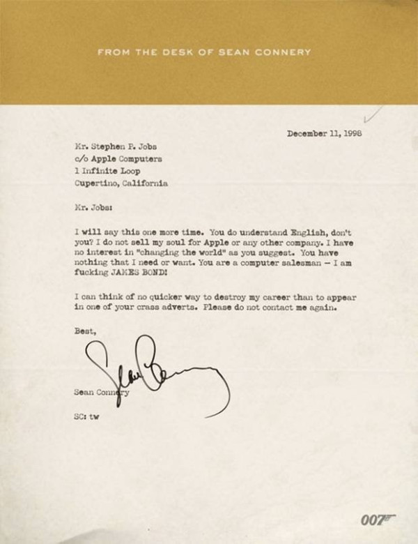 Best letter ever! Steve Jobs asks Sean Connery to appear in an Apple ad. Here is his reply...