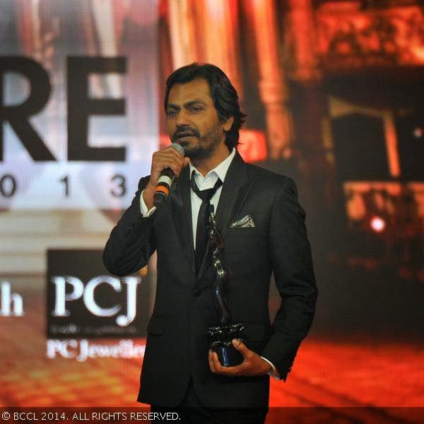 Nawazuddin Siddiqui after winning the Best Actor in a Supporting Role award at the 59th Idea Filmfare Awards 2013, held at the Yash Raj Studios in Mumbai, on January 24, 2014.