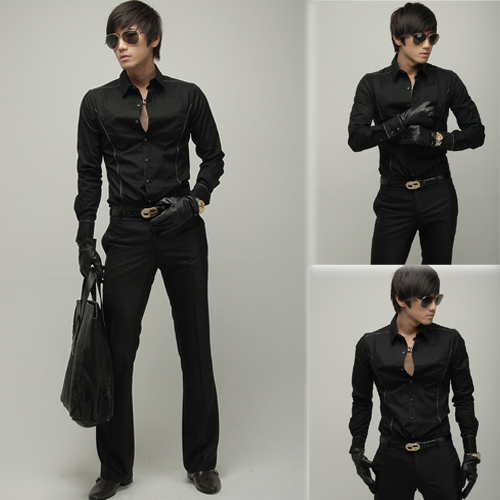 Men Sylish Long Sleeve Leisure Button-front Solids Black Dress Shirt ...