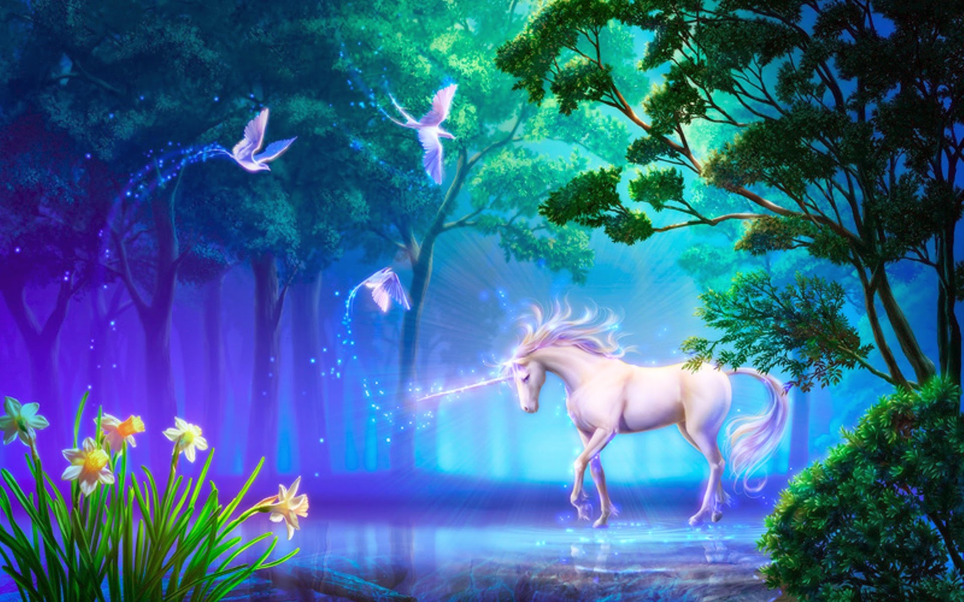 un quadro onirico, in un bosco fatato un unicorno