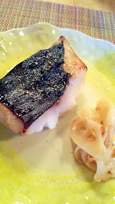 Midori's Broiled Sablefish and spicy Lotus root from Nodoguro August themed pop-up- Haruki Murakami 8/12/2014