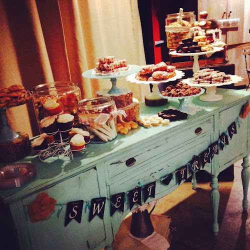Dessert bar for wedding, side board painted blue, DIY ikea no glue cake plate, the Style Sisters 