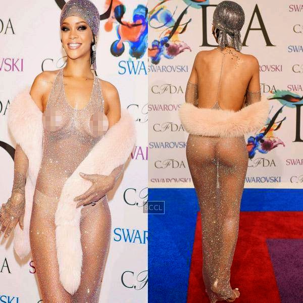 Rihanna at the annual CFDA awards to pick up the Fashion Icon 2014 in an interesting ensemble, and we wouldn't expect anything less of her. Fur, mesh, diamonds, gloves and something that looks a lot like a knit swimming cap.