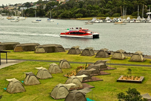 Tents and a boat, from Cockatoo Island, Sydney Harbour