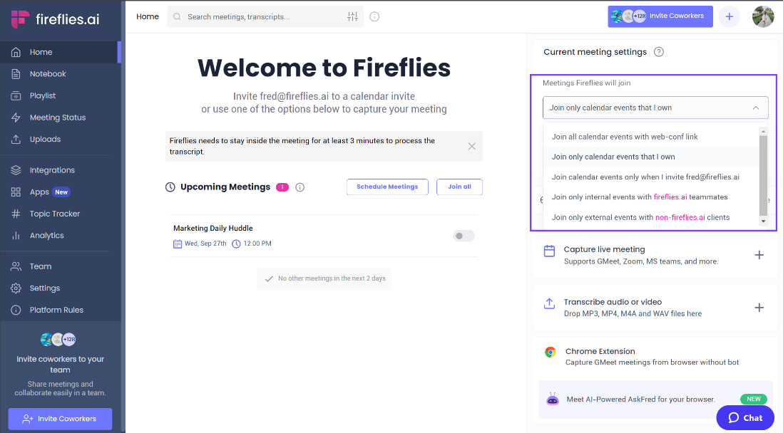 Best meeting transcription software: Set the settings to allow Fireflies to join your meetings.