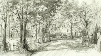 "This view shows the meeting of Church Street with the road to Whittlesford." From A Record of Shelford Parva by Fanny Wale P66