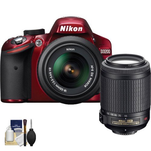 Nikon D3200 Digital SLR Camera  &  18-55mm G VR DX AF-S Zoom Lens (Red) with 55-200mm VR DX Lens Kit