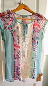 Stitch Fix match of a Daniel Rainn Tolley Mixed Print Crochet Detail Tie Neck Blouse is so interesting for spring and summer with its colors and materials