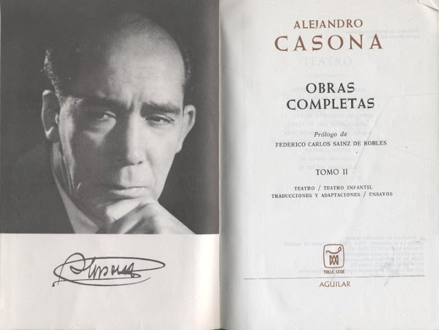 Edición del tomo II de las obras completas de Alejandro Casona, edita por Aguilar, donde además de la foto se puede ver una fima del autor.