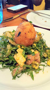 Acadia Restaurant Portland, Crawfish Boil & Collard Greens Salad with crawfish tails, red remoulade dressing, boiled fingerlings, corn, andouille, shaved Parmesan and a crispy poached egg