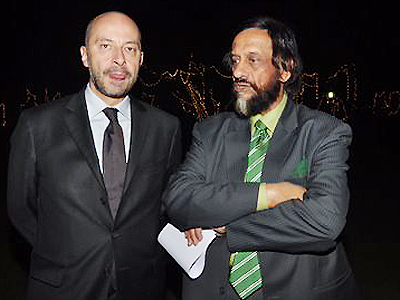 Francois Richier and Dr RK Pachauri during a book reading session by Yashodhara Dalmia, held at the French embassy.