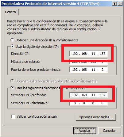 Configuracin de red en el servidor DNS y en los clientes DNS tras instalar rol Servidor DNS