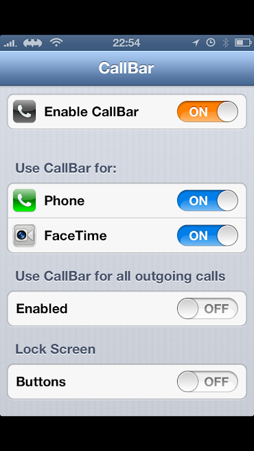 Screenshot of CallBar menu