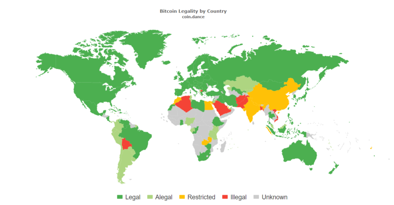 A map that shows cryptocurrency (especially Bitcoin-BTC) legality in New Zealand and other countries