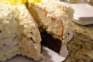 This birthday cake is chocolate and vanilla layered. 