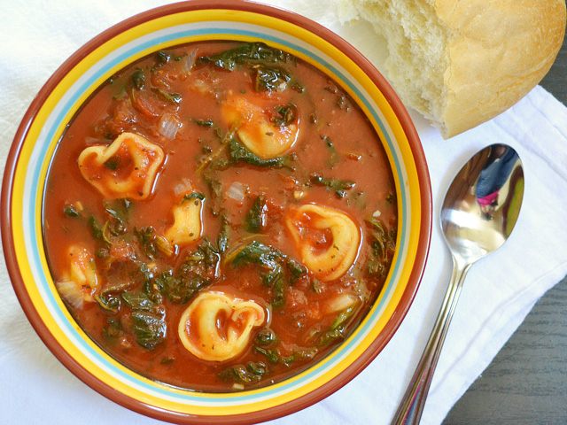 Top view of a bowl of Spinach Tortellini Soup