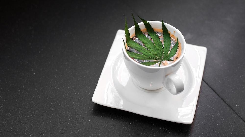 a cup of coffee with a green leaf in it