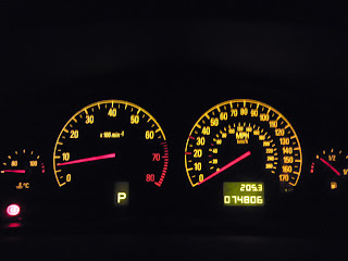 Image of a dash board at night with the lit up instraments