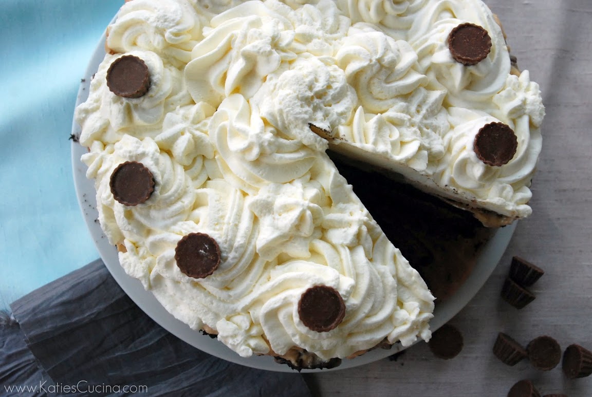 Top view of a slice of peanut butter chocolate ice cream cake missing with peanut butter cups on the side.