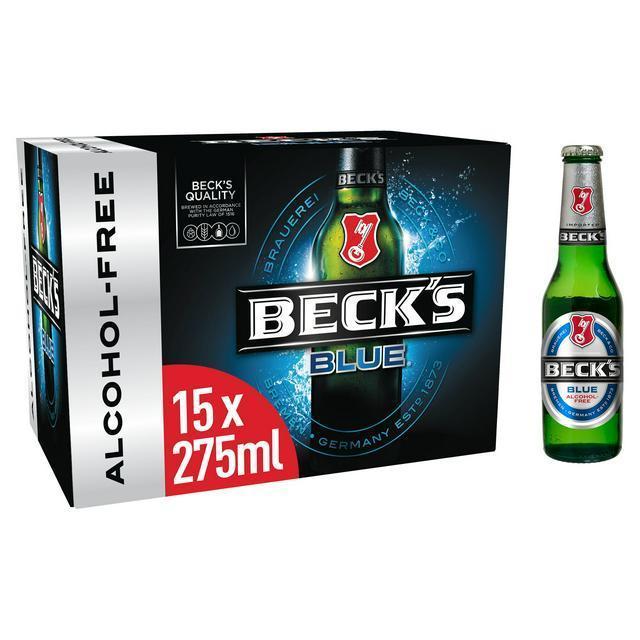 A bottle and package of Beck’s Blue Alchohol-Free beer
