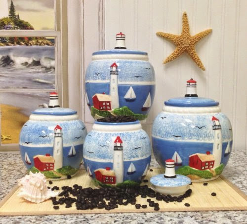  Tuscan Island Lighthouse Hand Painted 4pc Canister set 9-1/2