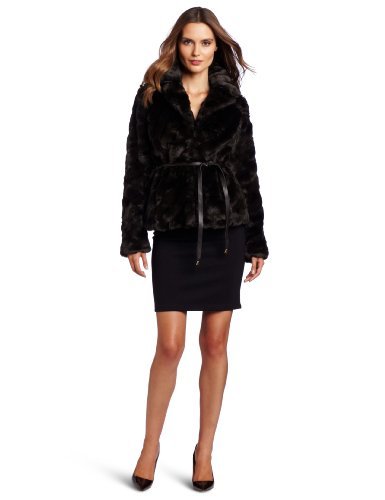 Jessica Simpson Women's Diagonally Grooved Faux Fur Jacket, Chocolate, Medium