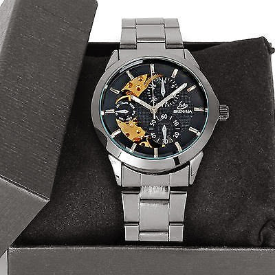  Luxury Sport Black Steel Smart Man's Skeleton Mechanical Auto Wrist Watch Mens