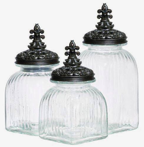  Casa Cortes Rococo Revival Fleur De Lis 3-Piece Glass Canister Set - Black Lid