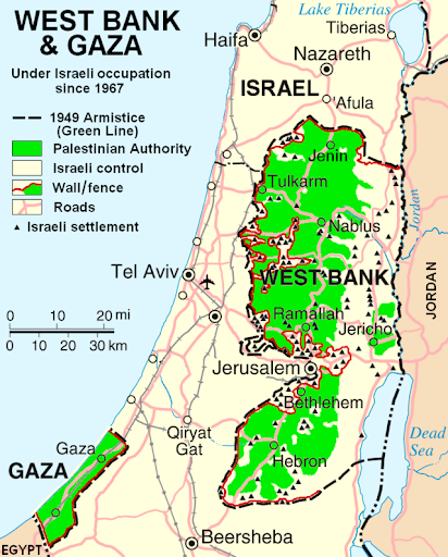 Em verde, as terras palestinas, em branco as terras e assentamentos israelenses.