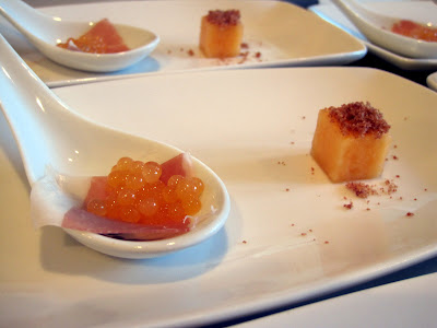 Prosciutto and Melon, two ways. (Melon caviar and prosciutto on the left, melon and prosciutto powder on the right)