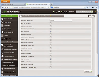 Configuración usuario actual, usuarios, perfiles de acceso Pandora FMS