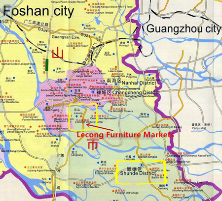 Карта поможет вам понять отношения между Гуанчжоу, Фошань, Шунде, Леконг