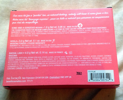 Picture of the back of the benefit tan about town box 