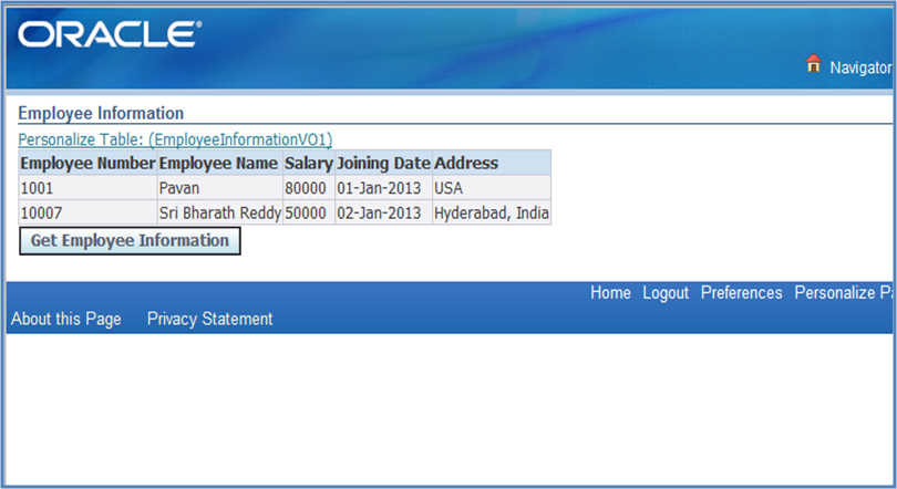 Table output in OAF