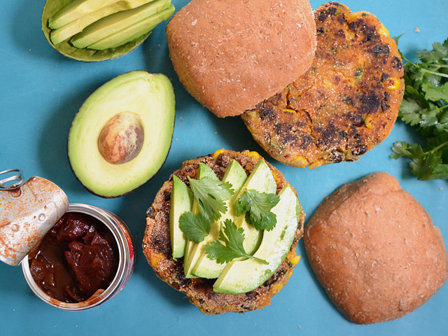 Top view of ingredients to assemble Chipotle Sweet Potato Burgers