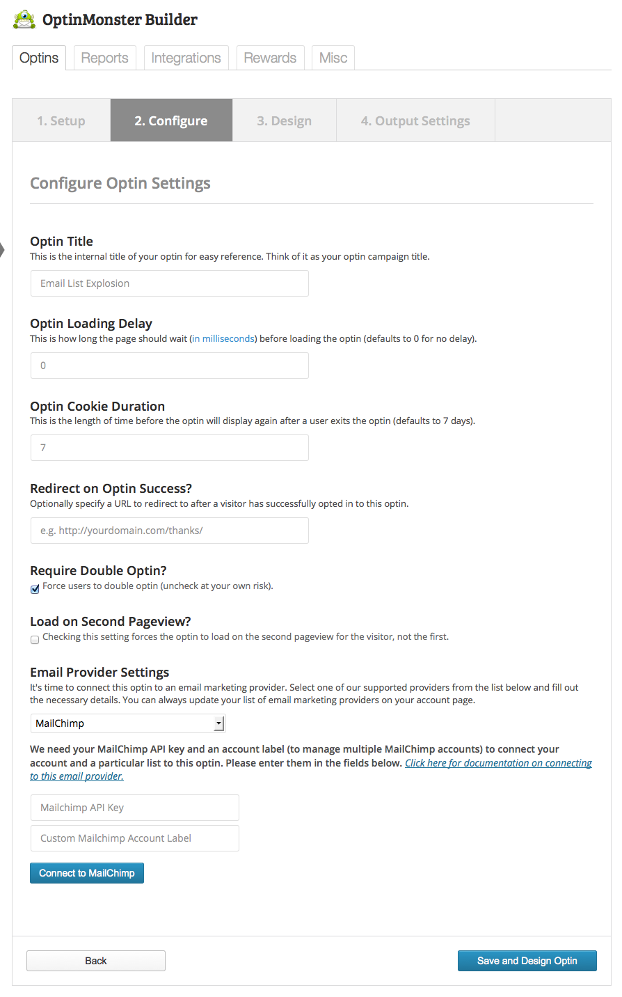OptinMonster Definir configurações